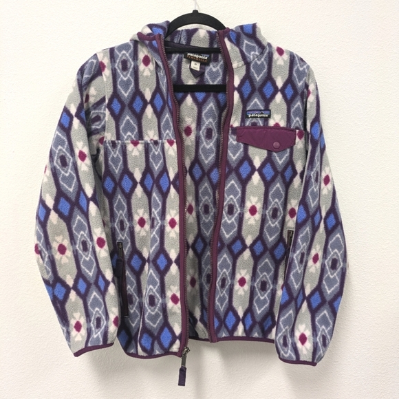 Patagonia Synchilla Gray/Purple Fleece Hooded Jacket sz XS Geometric Cozy - Picture 1 of 11